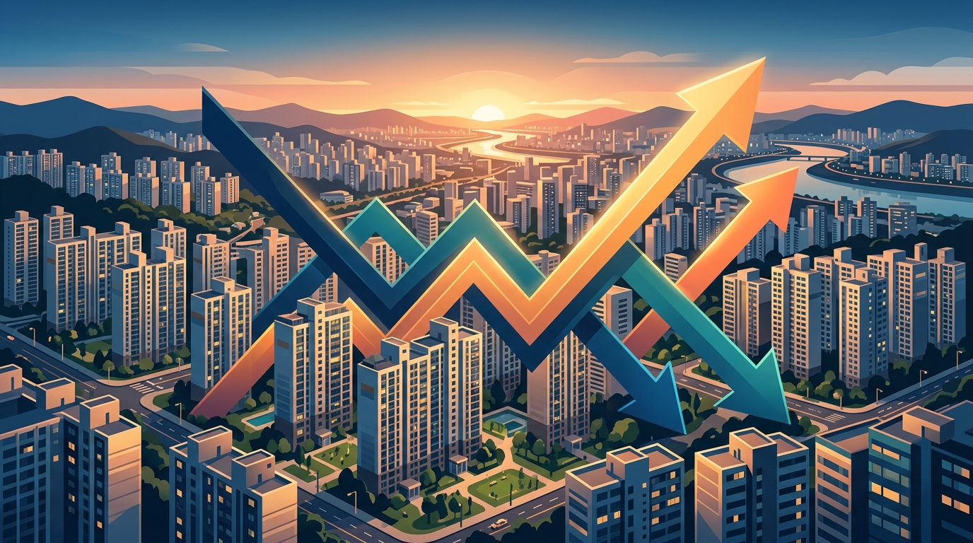 Korean apartment complex skyline at golden hour with abstract rising and falling price arrows overlaid, professional fin