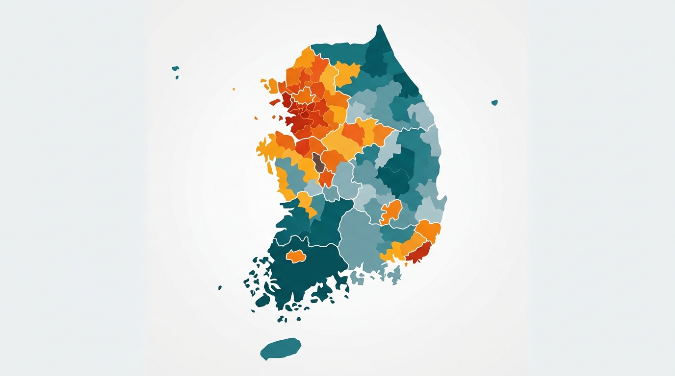 Abstract map of South Korea split into regions with contrasting warm and cool color intensity representing regional hous