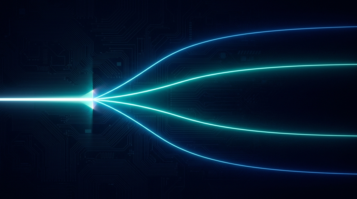 A single bright beam of light entering from the left and splitting into four diverging glowing paths that continue to th