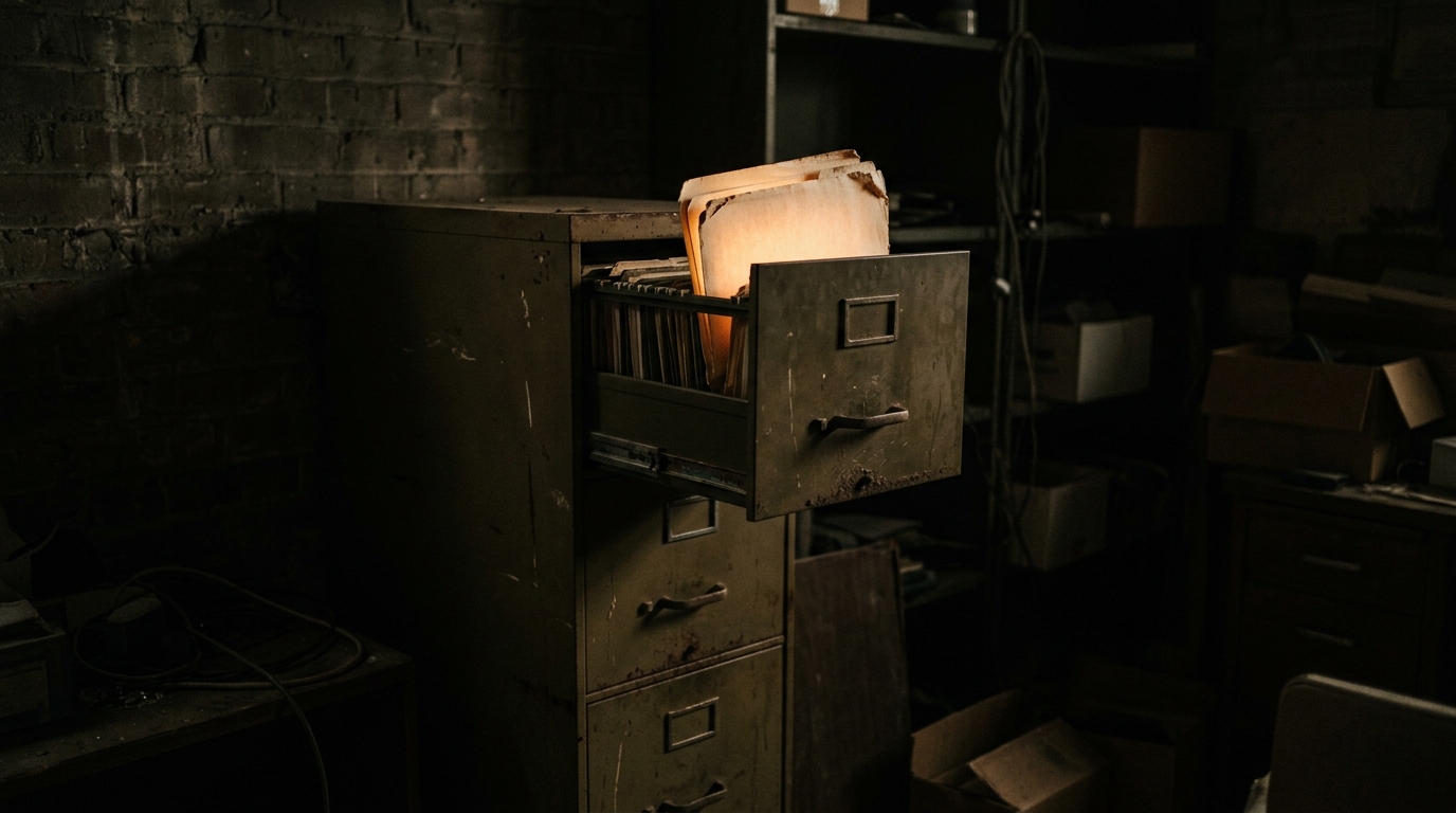 An old paper filing cabinet in a dim room, one drawer half open with a single folder pulled slightly forward and faintly