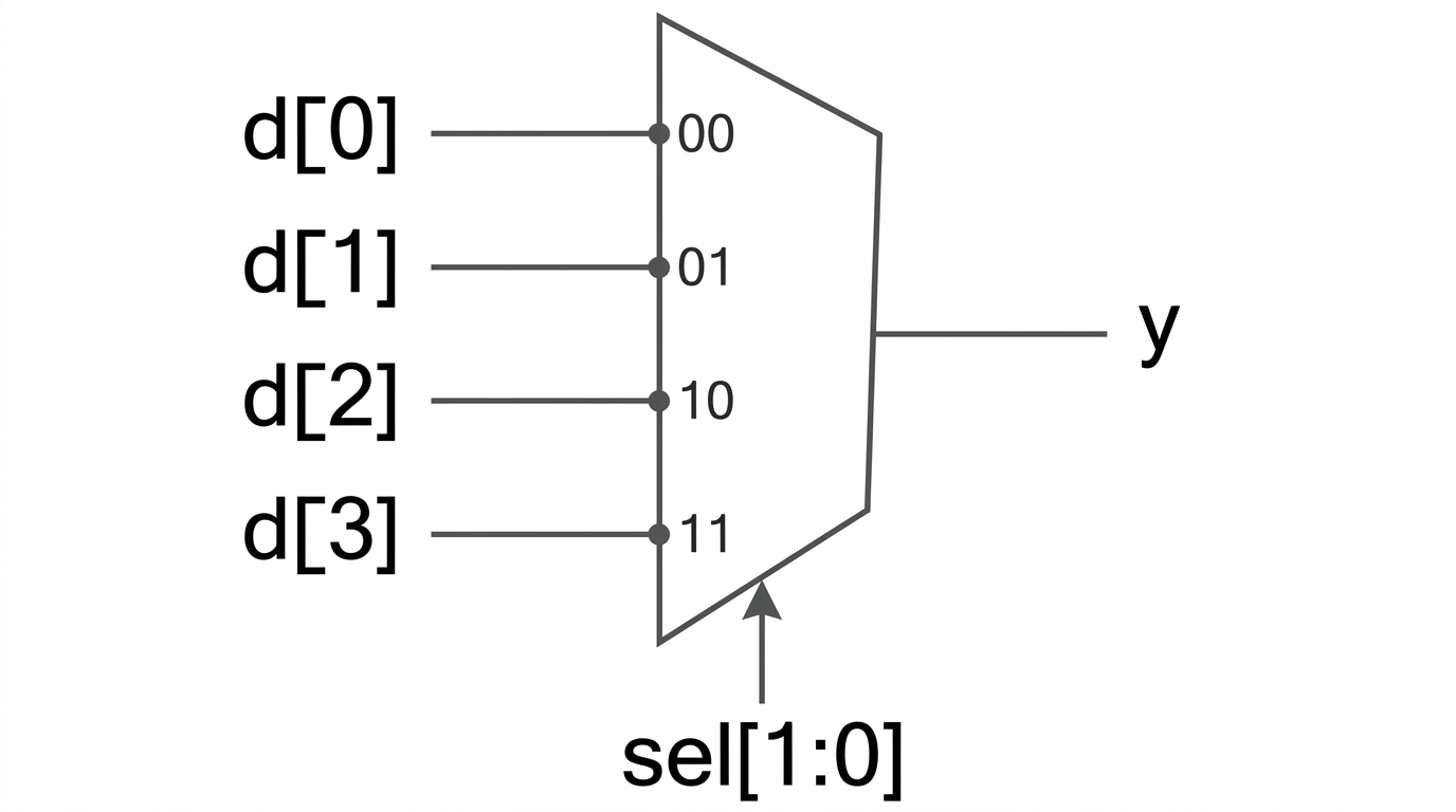 d[0]부터 d[3]까지 네 입력이 00, 01, 10, 11 자리에 들어가고 sel[1:0]이 아래에서 들어와 y를 내보내는 4:1 mux