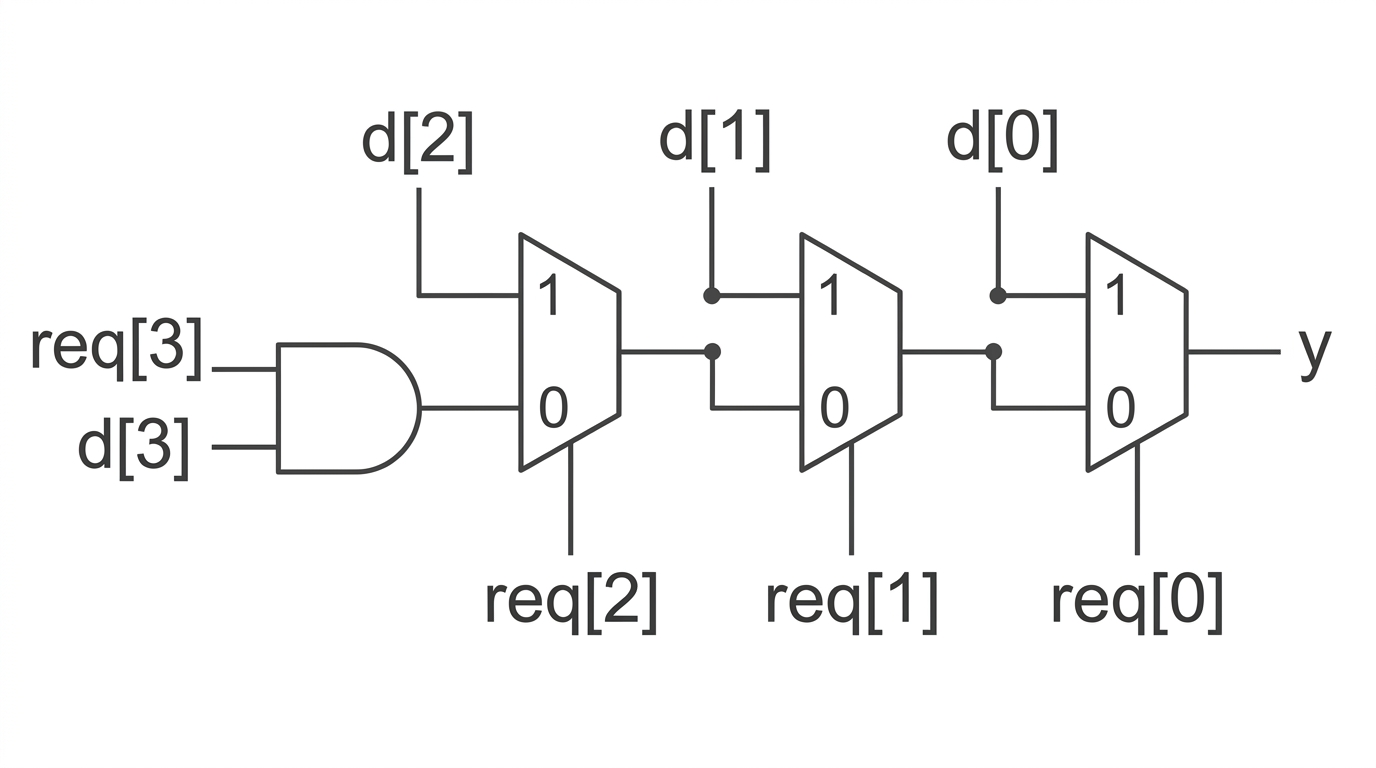 req[3]과 d[3]의 AND에서 시작해 req[2], req[1], req[0]이 select인 2:1 mux 세 개가 차례로 이어지고 마지막 mux가 y를 내는 priority mux chain