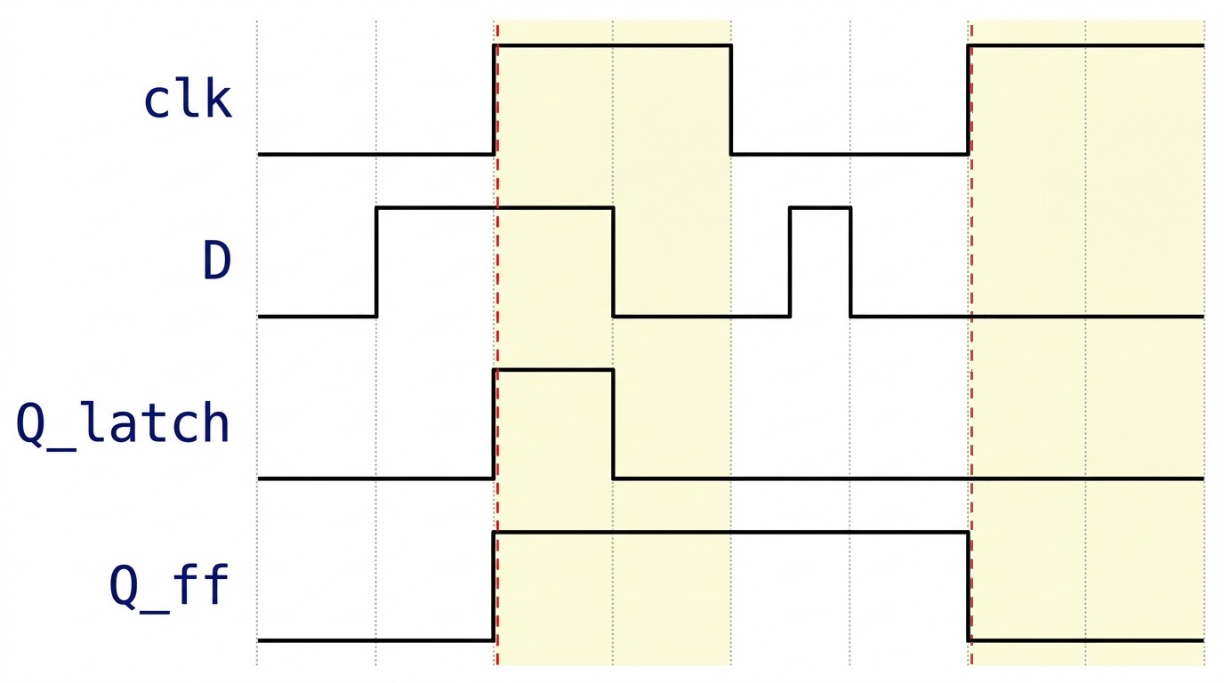 같은 입력 D에 대한 level-sensitive latch 출력과 edge-triggered FF 출력의 타이밍 파형
