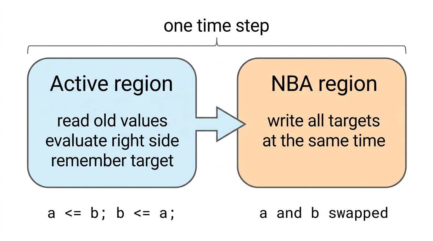 한 time step 안에서 Active region이 값을 계산하고 NBA region이 한꺼번에 write하는 순서
