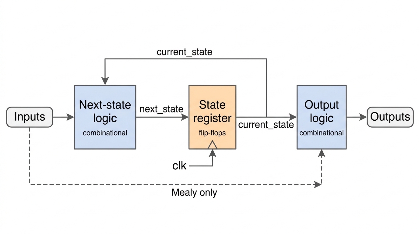 입력, next-state logic, state register, output logic으로 이어지고 current_state가 feedback되는 FSM block diagram
