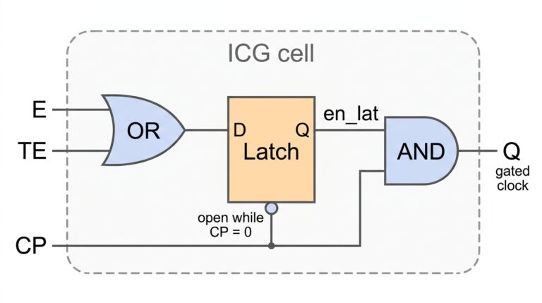 E와 TE를 OR로 합쳐 CP가 0일 때 열리는 latch에 담고, latch 출력과 CP를 AND해 gated clock Q를 내는 ICG 셀 구조