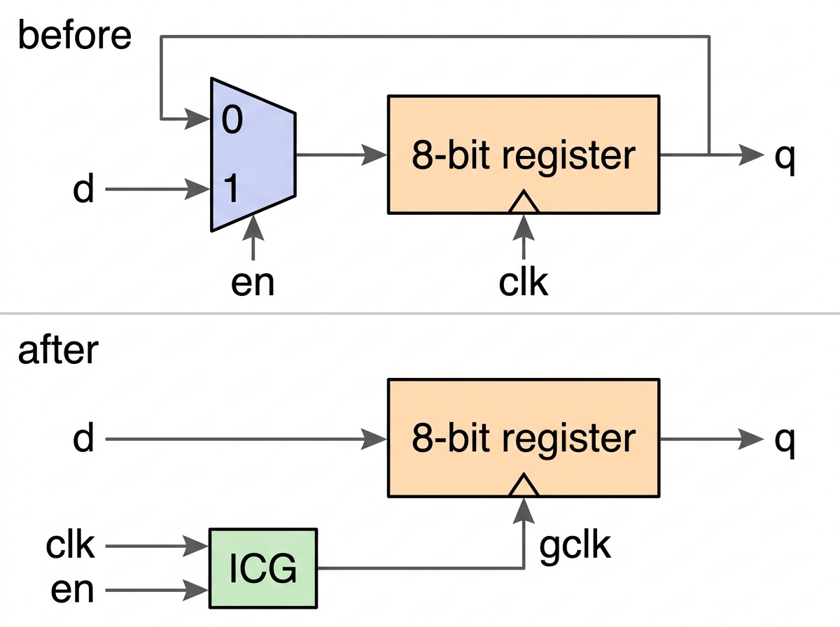 합성 전에는 en으로 d와 q를 고르는 mux가 8-bit register 앞에 있고, 합성 후에는 mux 없이 ICG가 register의 clock을 끊는 구조