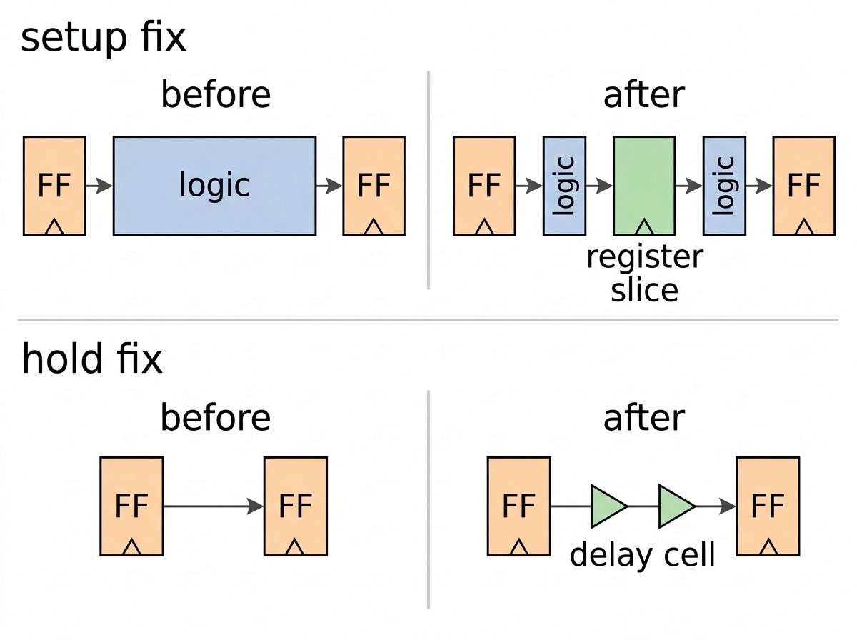 setup fix는 긴 logic 사이에 register slice를 넣어 경로를 나누고, hold fix는 capture FF의 D 앞에 delay cell을 넣는 before, after 비교