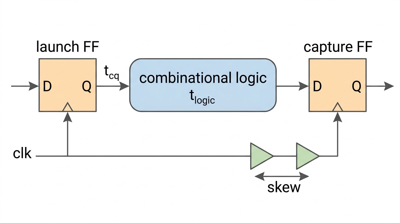 launch FF에서 combinational logic을 지나 capture FF로 가는 timing path와, capture FF 쪽 clock에만 buffer가 더 들어가 생기는 skew