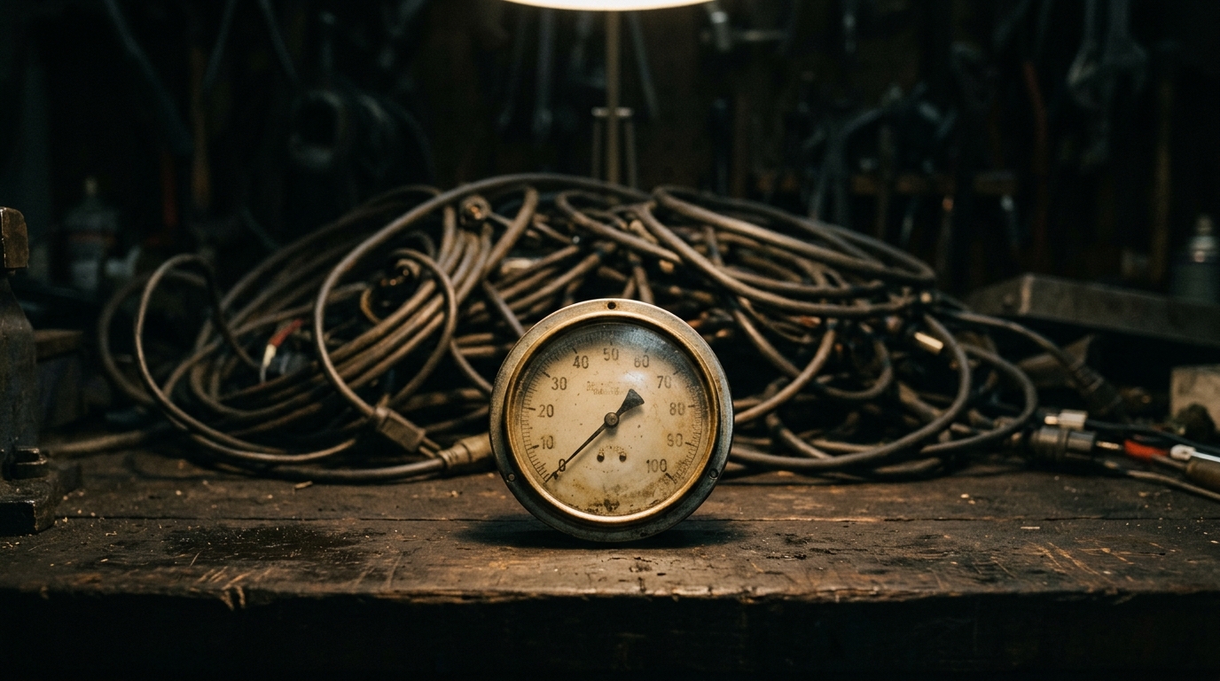 A single old analog measurement gauge on a dark workbench, its needle resting exactly at zero, lit by one narrow beam of