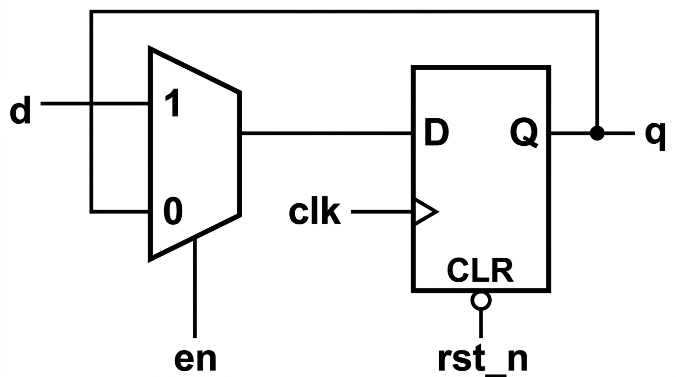 d와 q를 en으로 고르는 2:1 mux의 출력이 FF의 D로 들어가고, clk가 clock pin으로, rst_n이 CLR pin으로 들어가며, Q 출력 q가 mux의 0번 입력으로 되돌아가는 회로