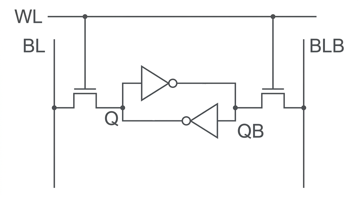 inverter 두 개가 서로 맞물려 Q와 QB를 붙잡고, WL이 켜면 access transistor 두 개가 Q를 BL에, QB를 BLB에 연결하는 6T bitcell
