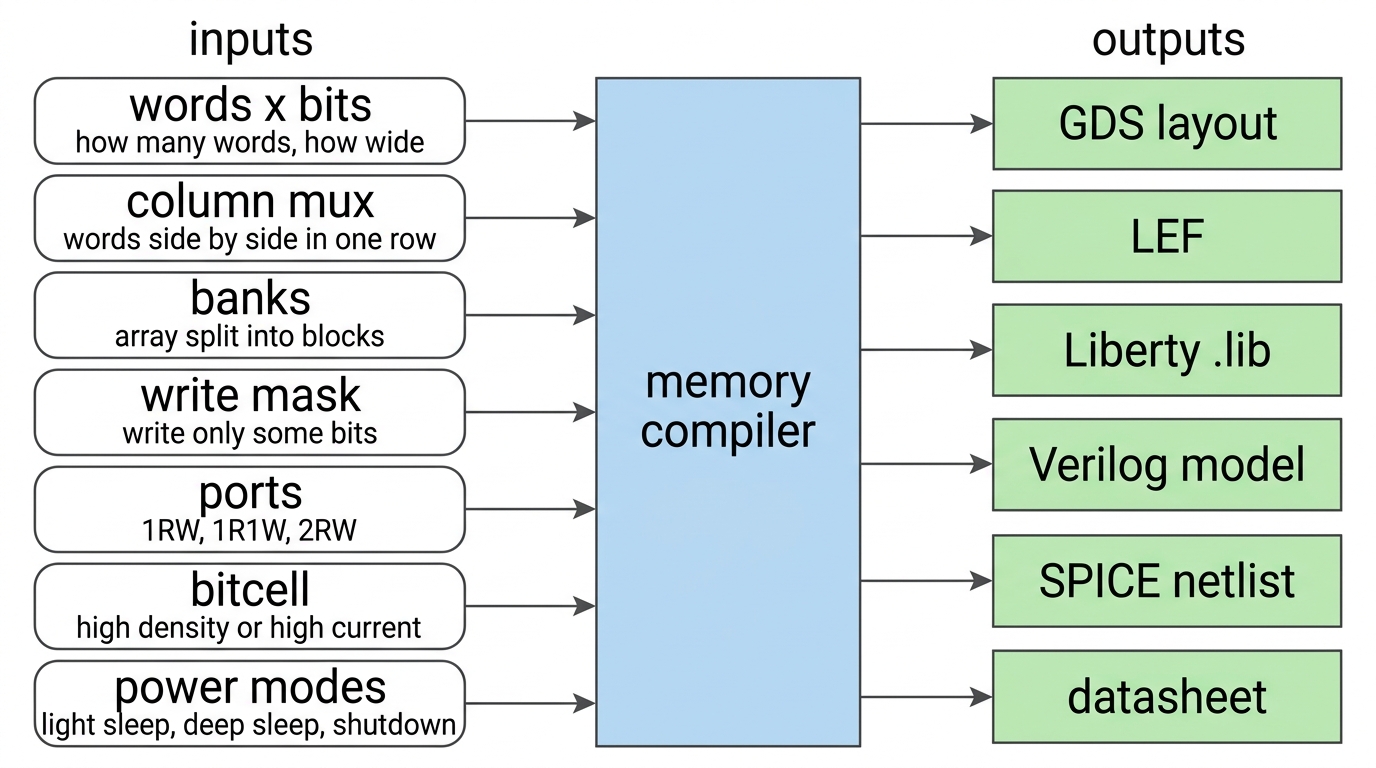words x bits, column mux, banks, write mask, ports, bitcell, power modes 일곱 가지 입력이 memory compiler로 들어가고, GDS layout, LEF, Liberty .lib, Verilog model, SPICE netlist, datasheet가 나오는 그림