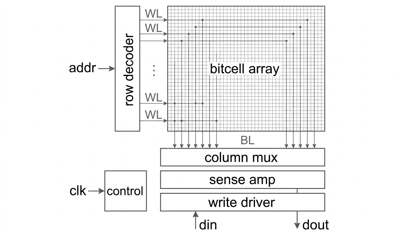 row decoder가 WL을 bitcell array로 보내고, array의 BL이 아래의 column mux, sense amp, write driver로 이어지며, control이 clk를 받는 SRAM macro 블록도